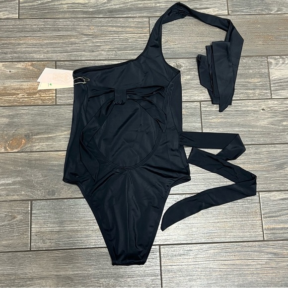 NWT HAH X Free People One Piece Swimsuit Medium 1 4 Ur Soul 1 Shoulder Black - Picture 3 of 15